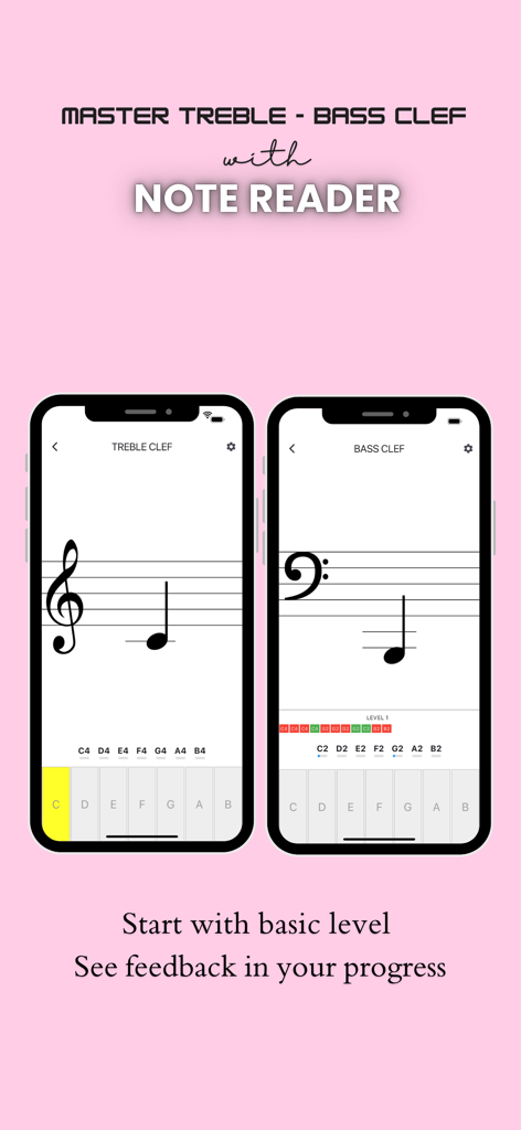 Note Reader - Mobile app screens for learning treble and bass clef music notes with an on screen piano keyboard