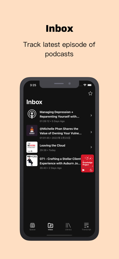 Lightcast - AI Podcast Player - Lightcast podcast player inbox screen displaying a list of latest episodes on a mobile device