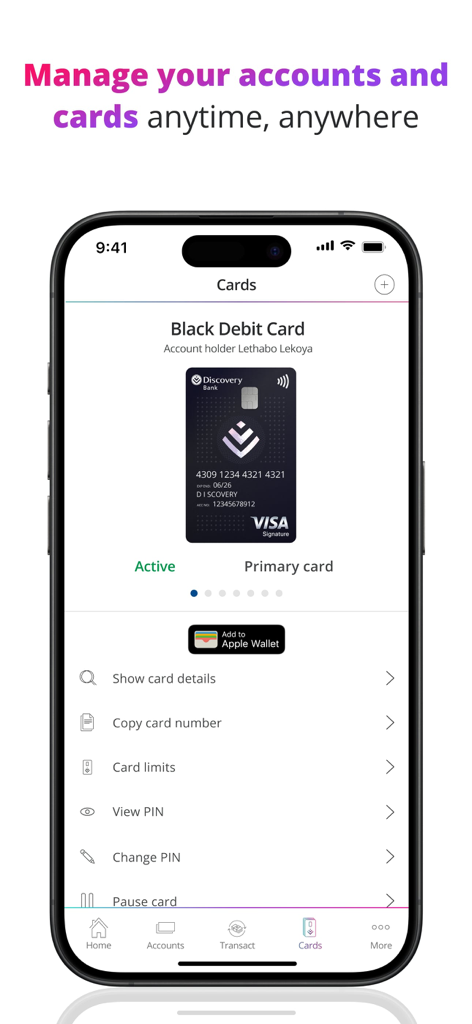 Discovery Bank app interface showing a black debit card with options to manage PIN and card limits.