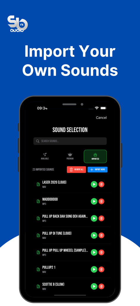 SB AUDIO FX - SB Audio FX App-Oberfläche zeigt den Soundauswahlbildschirm mit einer Liste von importierten DJ-Samples und Soundeffekten.