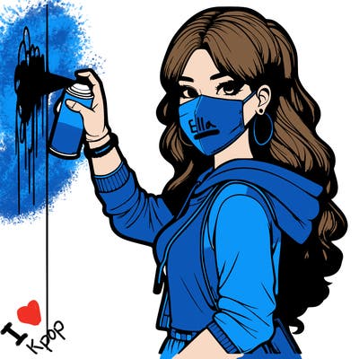 realistic girl with mask spray painting a wall