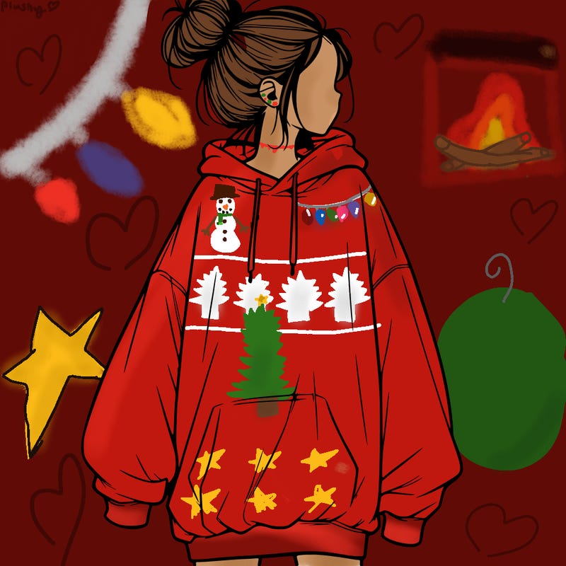 realistic girl with a oversized sweatshirt on and a bun