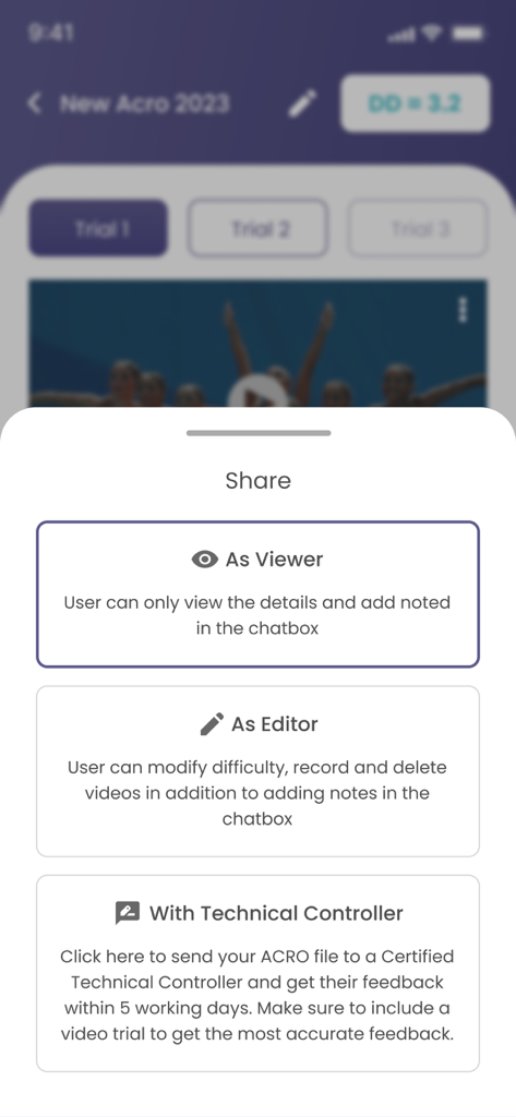 Fishtail App - Fishtail App sharing options screen for collaborating as viewer, editor, or with a technical controller