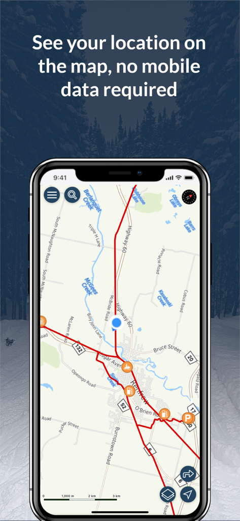 Ride PA - Ride PA app interface showing snowmobile trails and user location on an offline map