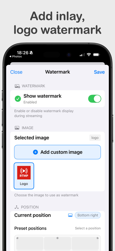 RTMP Live Streaming Publisher - ライブストリームにカスタムロゴウォーターマークを追加し、配置するためのインターフェース