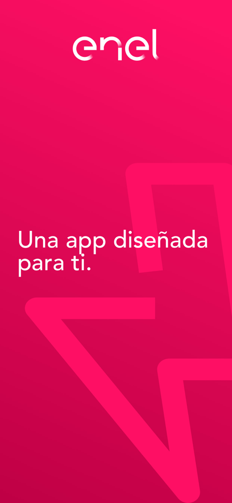 Enel Clientes Colombia - Pantalla de bienvenida de la aplicación Enel Clientes Colombia con el logo de Enel y texto en español que dice una aplicación diseñada para ti sobre un fondo rosa