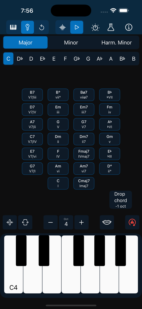 Chordi app interface showing a grid of musical chords and a piano keyboard in dark mode.