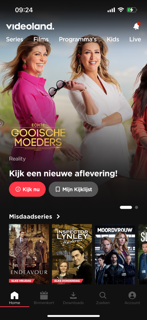 Videoland mobile app home screen featuring the reality show Echte Gooische Moeders and a crime series category.