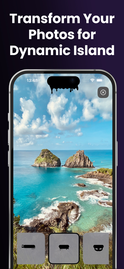 Wallpapers 26 & Dynamic Island - An iPhone screen displaying a beach wallpaper with a custom black dripping ink effect integrated into the Dynamic Island.