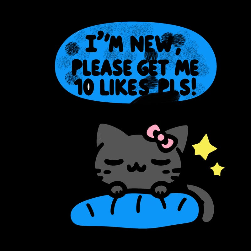 kitty taking a nap dream talking and saying "i'm new, please get me at least 10 likes pls!!"