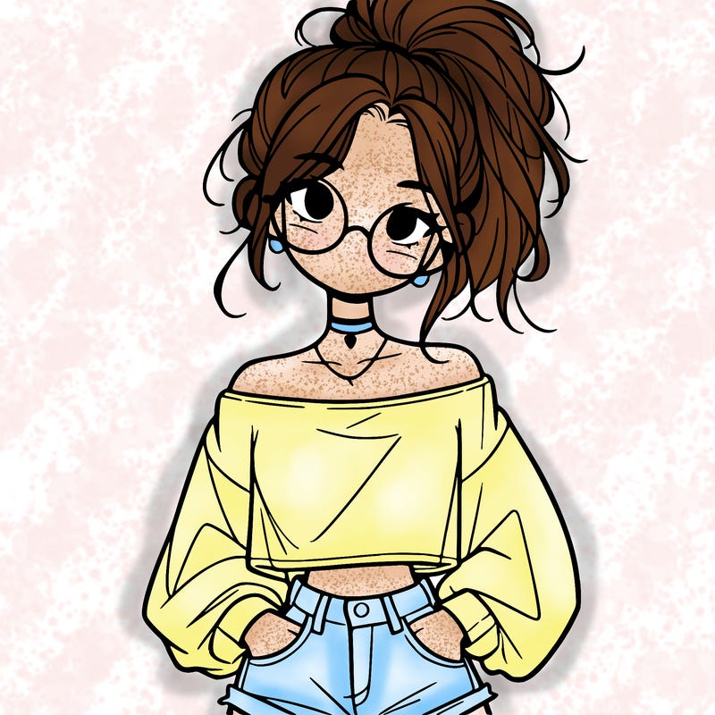 girl with a messy ponytail glasses a baggy crop top and jean shorts