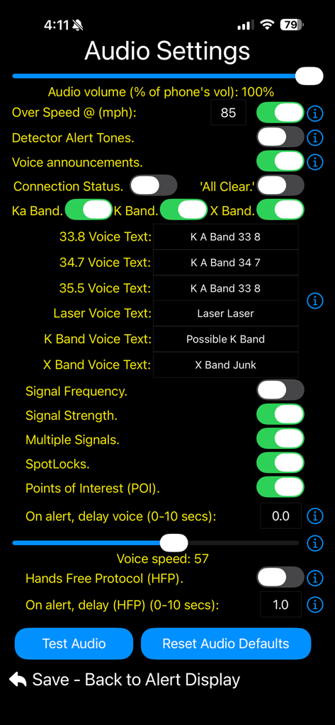 DS1 Companion - DS1 Companion app audio settings screen showing voice alert and volume configuration controls