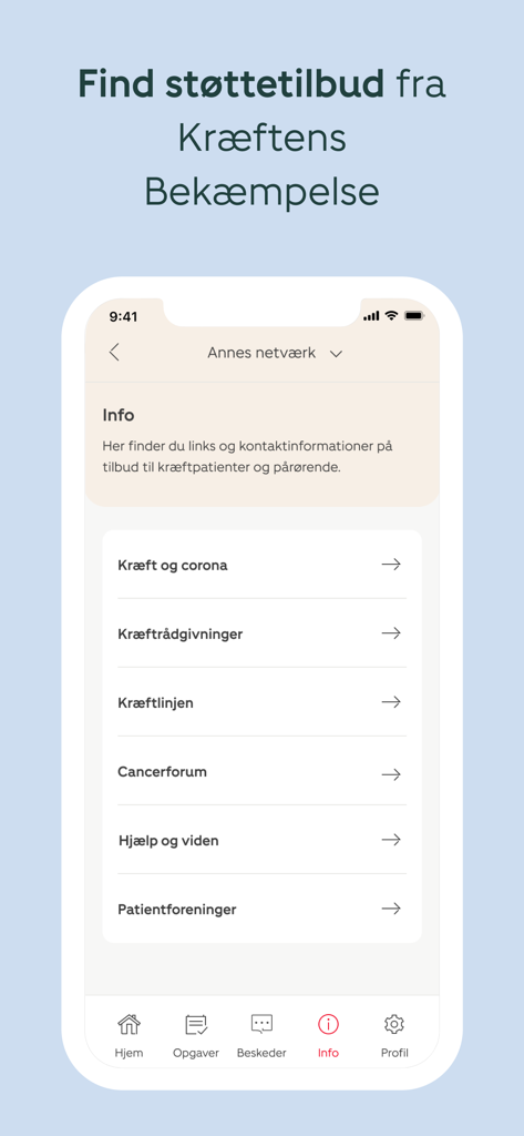 Sammenholdet app information screen showing various cancer support resources and links