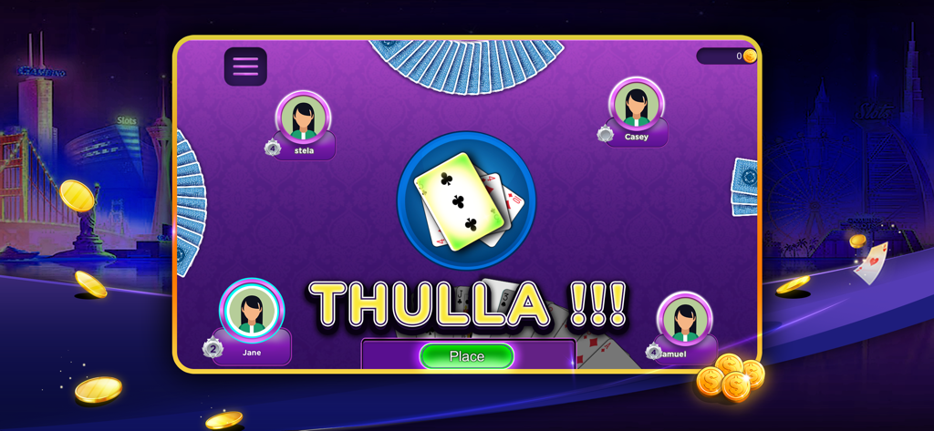 Bhabhi card game multiplayer interface showing a thulla move with four players