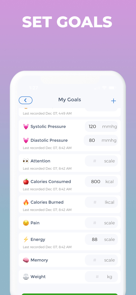 BPD Tracker - BPD Tracker My Goals screen showing various health and wellness metrics for tracking