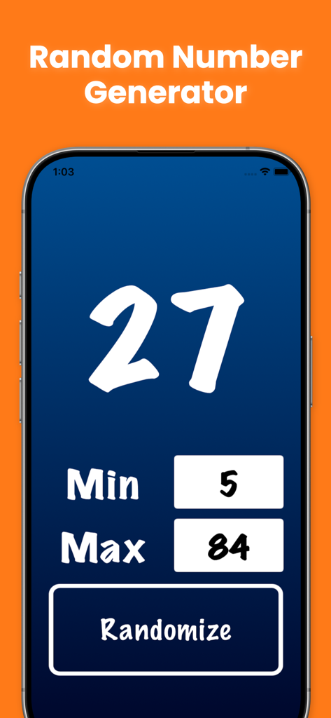Random Number Generator – RNG - La interfaz de la aplicación Generador de Números Aleatorios muestra el número 27 con campos de entrada mínimo y máximo