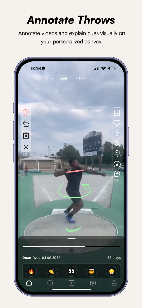 Throws Club - A track and field athlete analyzed with green and pink drawing annotations in the Throws Club app.