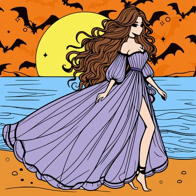 beautiful woman with a vaporous long dress walking on the beach at the noon, detailed art