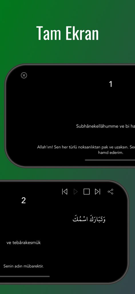 Vista a schermo intero dell'app Sure e Preghiere Namaz che mostra il testo arabo con traduzione e controlli audio per l'apprendimento della preghiera.