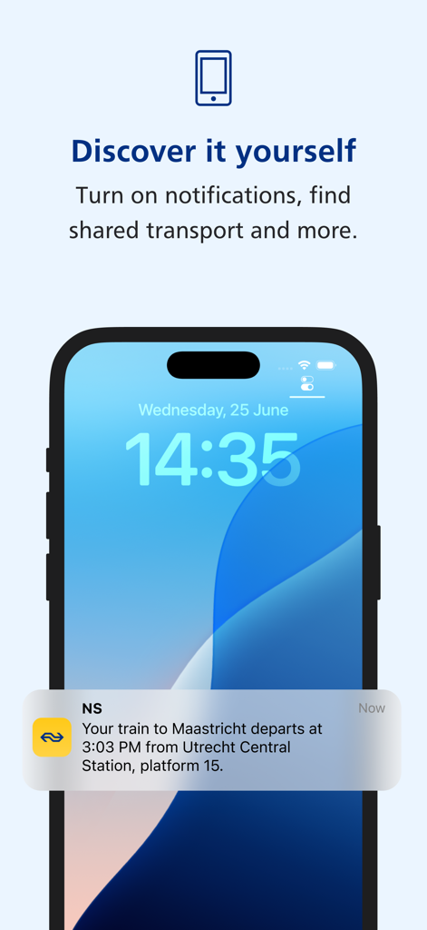 NS Travel Planner - iPhone-Sperrbildschirm mit einer Zugabfahrtsbenachrichtigung vom NS Reiseplaner