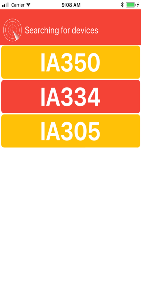 ClearToken App - ClearToken app interface showing a list of detected Bluetooth hardware devices including models IA350 and IA334