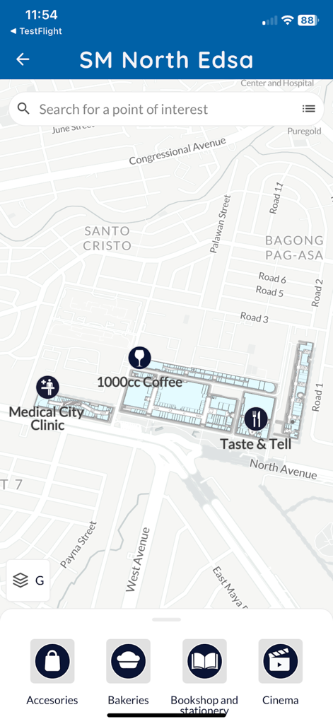 Map view of SM North Edsa in the Duon indoor navigation app showing store locations and categories