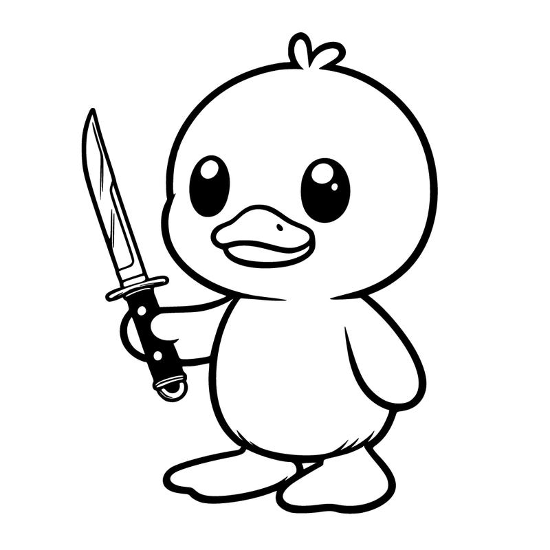 plushie duck standing up holding kinfe