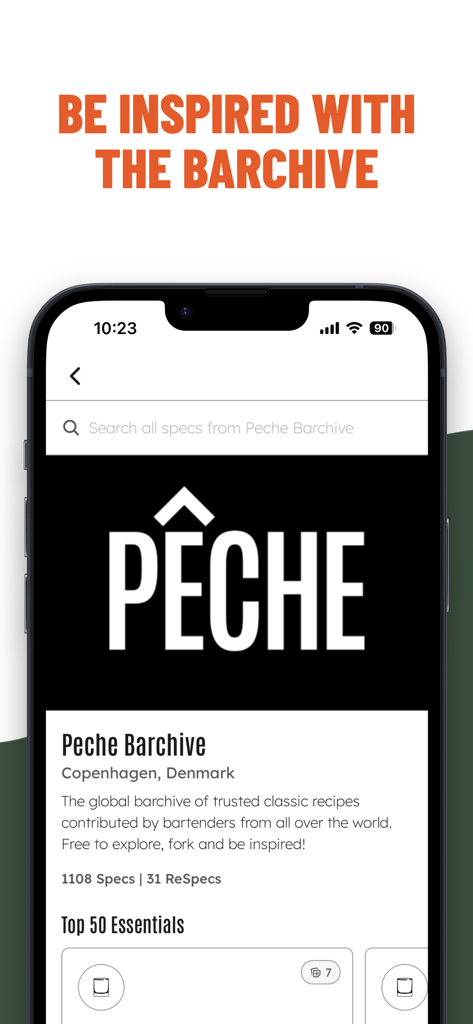 Oberfläche der Peche Barchive App, die eine globale Sammlung von Cocktailrezepten für professionelle Barkeeper zeigt