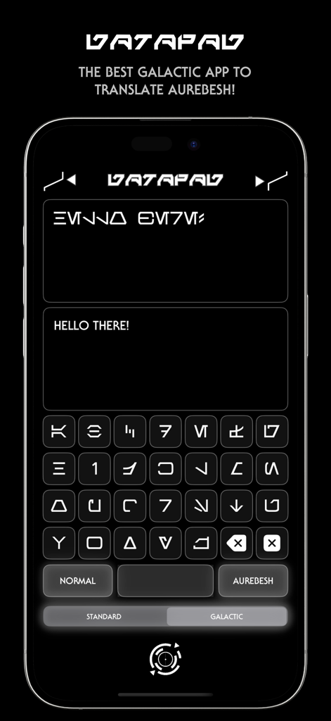 Captura de pantalla de iPhone de la aplicación Datapad mostrando una traducción de inglés a Aurebés de la frase Hola a todos con un teclado galáctico personalizado