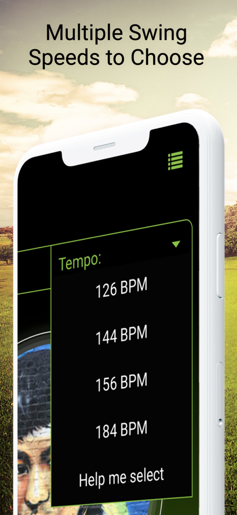 Golf Swing Tempo by Golf BPM - Smartphone screen displaying various golf swing tempo options in BPM