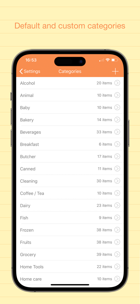 Liste des catégories de courses dans l'application Best Shopping List Pro, incluant produits de boulangerie pour bébés et produits laitiers
