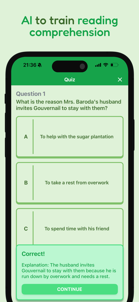 Speed Reading App - TurboRead - Pantalla de la aplicación TurboRead mostrando un cuestionario de comprensión lectora generado por IA con retroalimentación sobre una respuesta correcta.