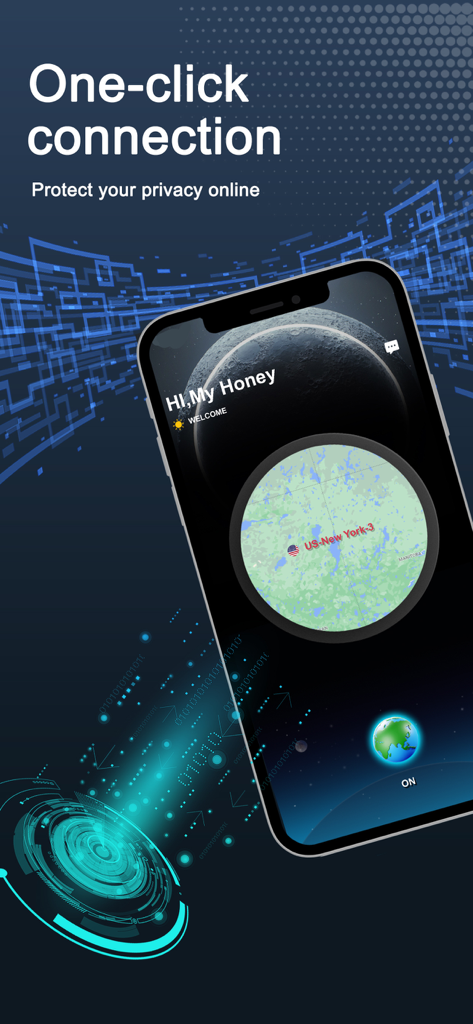 VPN app interface on iPhone featuring one-click connection for online privacy protection