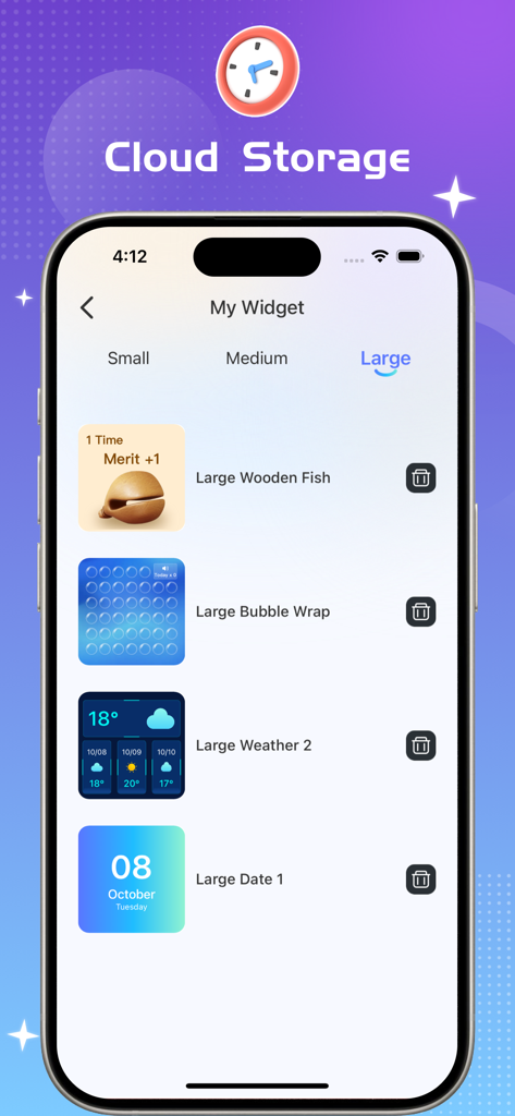 Cloud Widgets Wallpapers Shop - An iPhone screen displaying various large widget options in the Cloud Widgets app, including a wooden fish, bubble wrap, weather, and date displays.