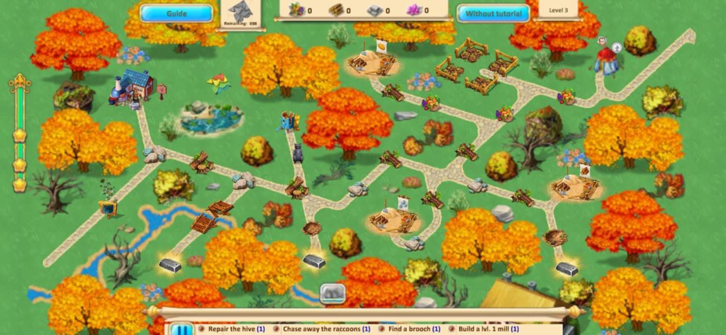 Gameplay screenshot of Gnomes Garden 10 showing resource management tasks in an autumn forest setting