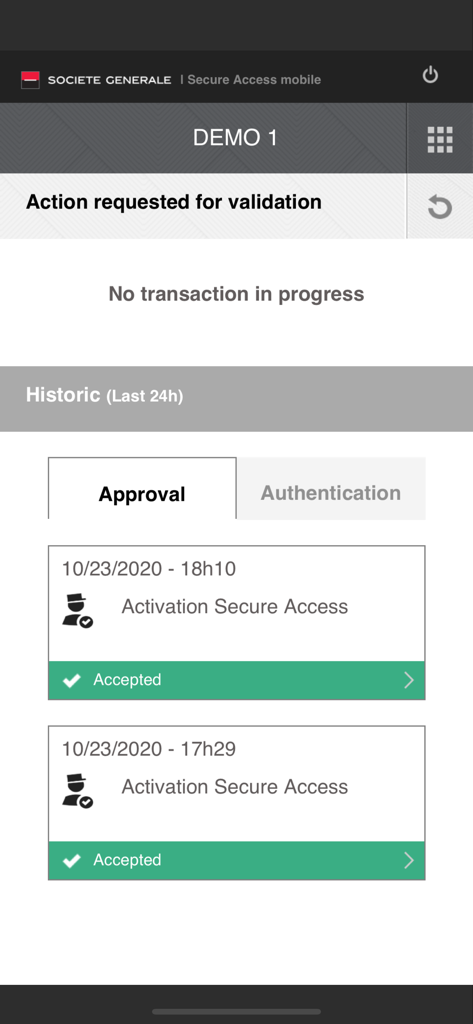 Interface do aplicativo Acesso Seguro para Corporações mostrando um histórico de ativações de segurança aprovadas