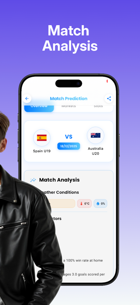 Predictify: Soccer AI - Predictify app interface displaying detailed soccer match analysis and AI predictions for a game.