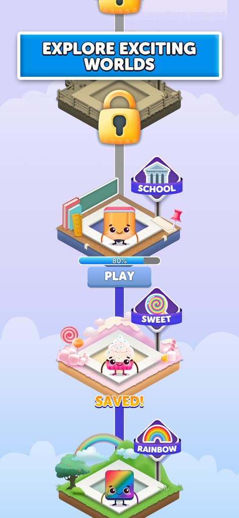 Wordopoly game screenshot showing a vertical map of themed levels like School and Sweet to unlock.