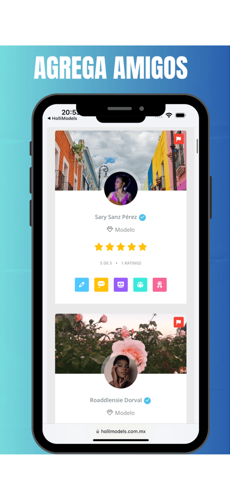 HolliModels - Benutzeroberfläche der HolliModels App, die Model-Profile mit Sternebewertungen und Social-Networking-Optionen zeigt