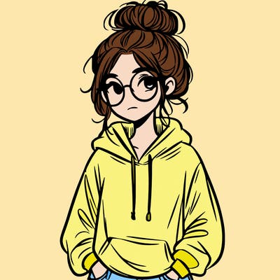 teen girl with a messy bun and glasses wearing a loose hoodie and jeans