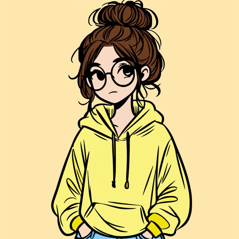 teen girl with a messy bun and glasses wearing a loose hoodie and jeans