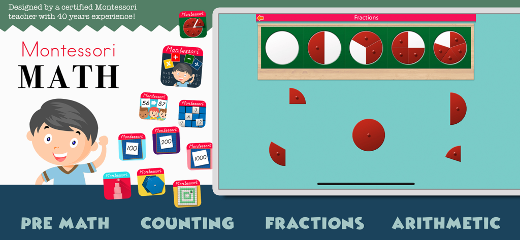 Montessori Math - Interface of the Montessori Math app featuring a fractions learning activity and curriculum categories