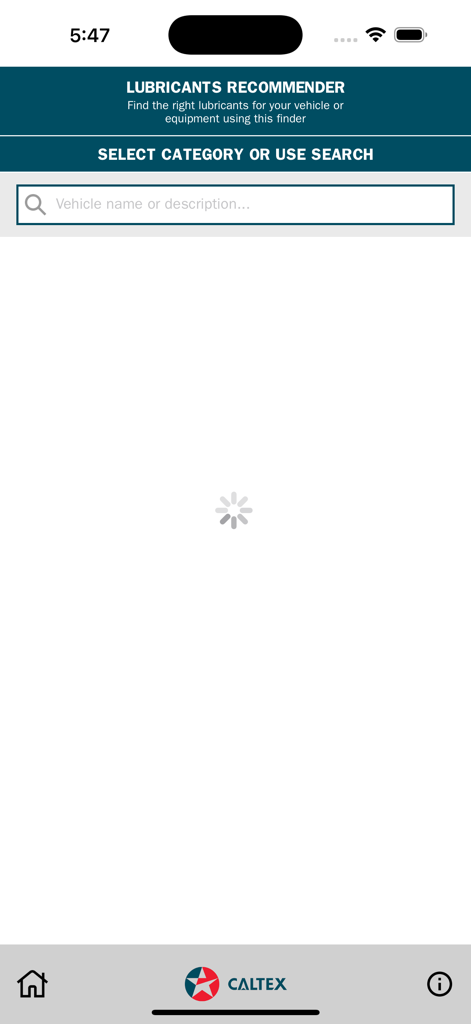 NetLube Caltex New Zealand - Search screen for the Caltex NetLube lubricant recommender app