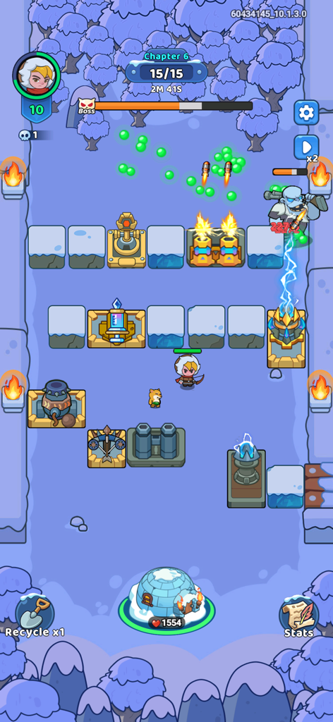 Frost Saga: Tower Defense - Gameplay of Frost Saga Tower Defense showing a hero and elemental towers defending an igloo against enemies in a winter setting.
