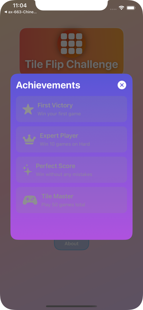 ChinstileFlipCle - Achievements menu in ChinstileFlipCle showing game milestones like First Victory and Expert Player