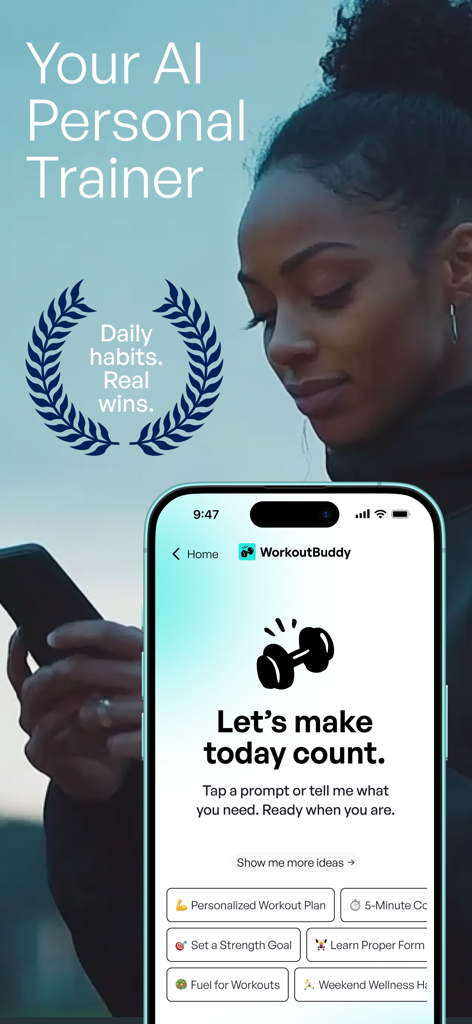 WorkoutBuddy: AI Fitness Coach - WorkoutBuddy AI fitness coach app interface showing personalized workout plans and daily habit tracking