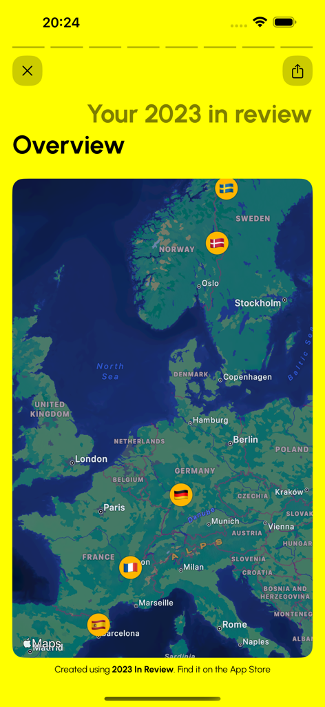 Year In Review app showing a map of Europe with travel destinations marked by country flags