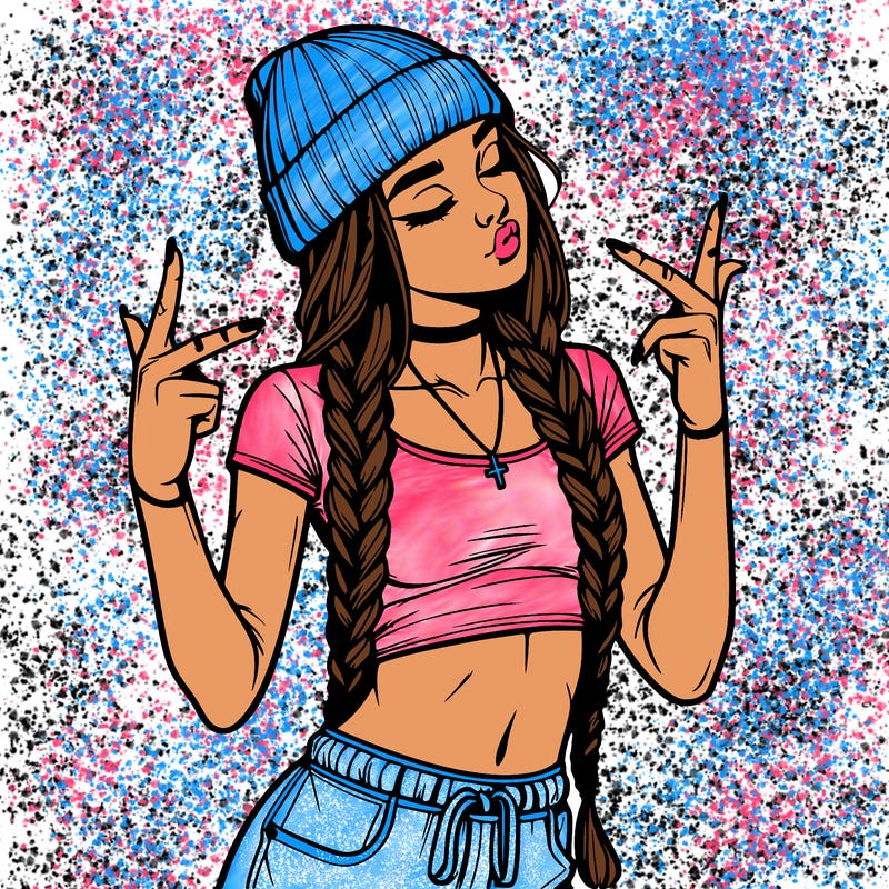 realistic teenage girl with braids and a beanie and crop top doing 🫶🏼
