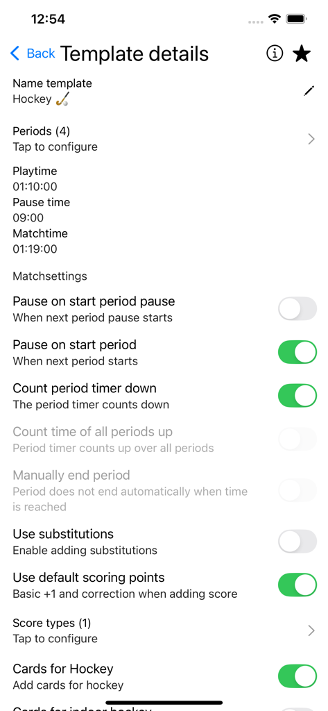 Whistle Time - Impostazioni del modello e dettagli della partita personalizzabili per l'hockey nell'app Whistle Time per arbitri.