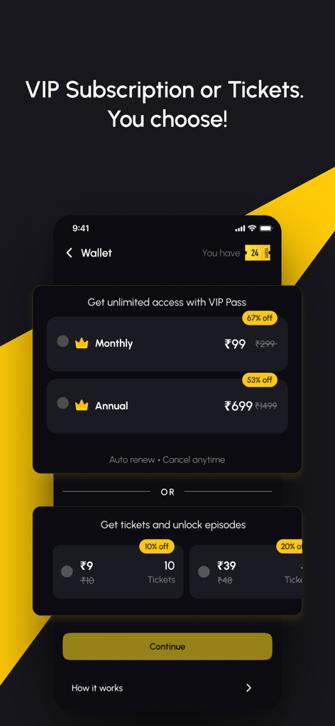 Chai Shots - Short Series OTT - Pricing screen for Chai Shots app showing VIP membership and ticket options to unlock episodes
